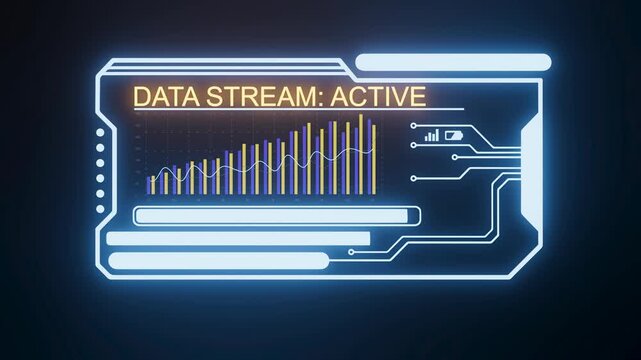 Data stream shows active status with a fluctuating graph and connected lines on a digital display screen