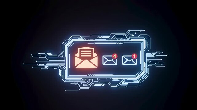 Digital notification showing unread emails with a glowing background and circuit design on a dark surface