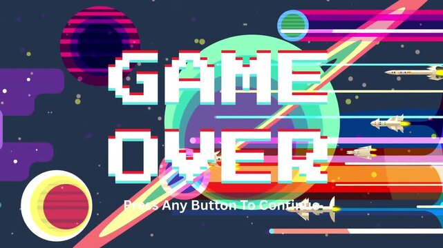 Pixelated Game Over Screen with Spaceships and Cosmic Background