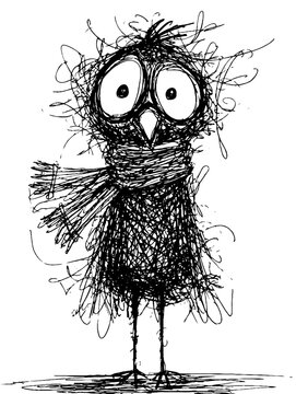 Scribble ink bird character sketch drawing standing on white background