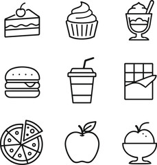 Fototapeta premium Black and white line art food and drink icons featuring cake, cupcake, hamburger, pizza, apple, and beverage designs