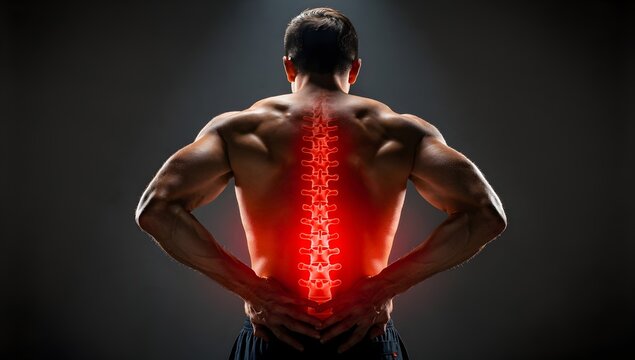 Ultra-realistic back view of a faceless man standing with hands behind his back, spine pain highlighted in red, clean white background, clinical concept image