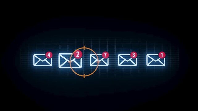 Digital mail notification display with unread messages shown in bright graphics on a black background
