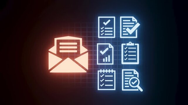 Email icon with checklists and documents shown on dark background in digital style for project management tools and organization