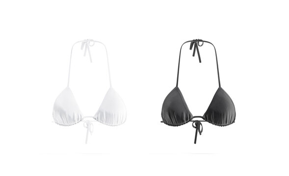 Blank black and white woman bikini bodice mockup png, transparent background, 3d rendering. Empty nylon camisole or underwear for swimming mock up cut out. Clear summer lingerie for women template.