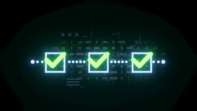 Three green check marks show successful completion of tasks on a digital background with patterns and lights during a technology theme