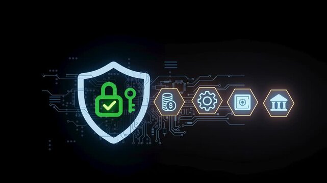 Focus on cybersecurity with padlock symbol and digital icons for financial management and data protection