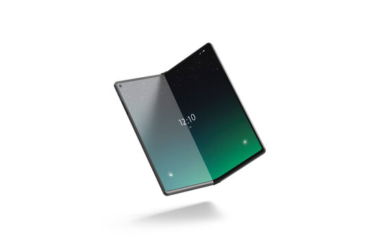 Turned on flexible book phone display half opened mockup png, transparent background, 3d rendering. Empty flex clamshell digital touchscreen mock up cut out. Clear flexibility device prototype.