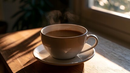 Fototapeta premium A steaming cup of coffee rests on a wooden surface bathed in warm morning sunlight creating a cozy and relaxing atmosphere