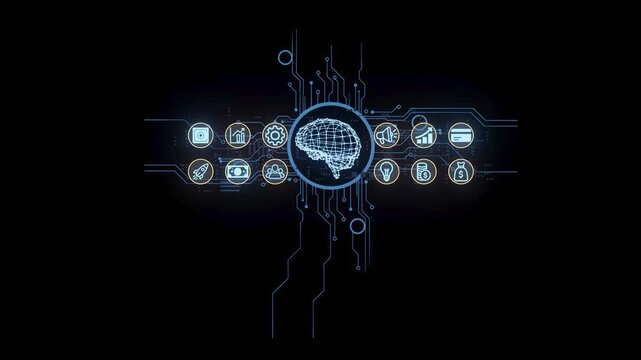 Display of digital brain connected to various technology icons representing artificial intelligence in a tech environment
