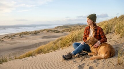 Fototapeta premium Young woman sitting on sand dune with dog relaxing in casual autumn clothes, peaceful travel and pet lifestyle, neutral unbranded stock photo, clean commercial composition, useful copy space, natural