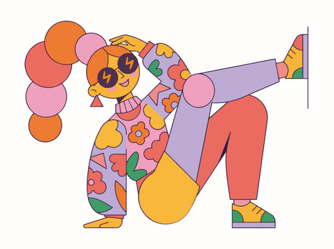 Active woman dancing in colorful retro floral clothing vector illustration with sunglasses jumpsuit illustration character colorful clothing expression aesthetic creative