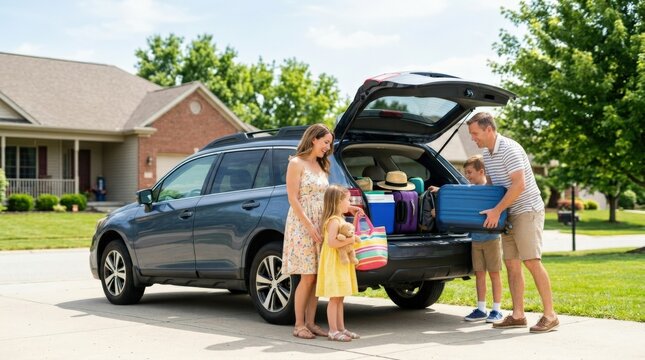 Happy family packing car for road trip vacation, parents and children loading luggage, summer travel, weekend getaway, tourism preparation and joyful lifestyle, high resolution stock photo, realistic