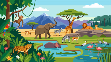 Colorful illustration of various wild animals. © garr