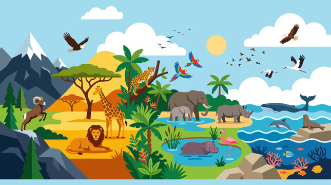 Colorful illustration of various animals.