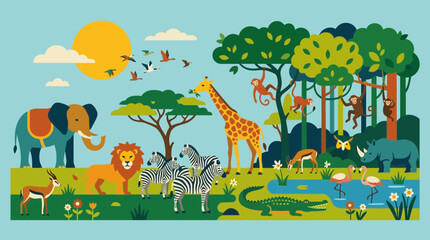 Fototapeta premium Colorful illustration of various wild animals.