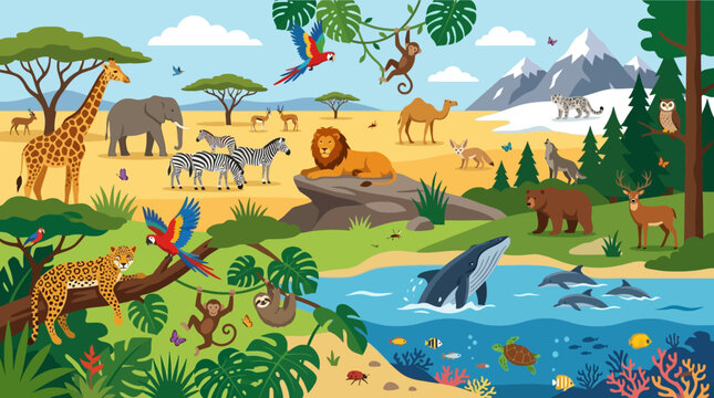 Diverse animals in their habitats.
