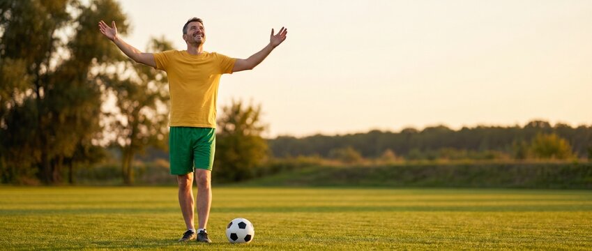 Man in yellow shirt and green shorts celebrating with arms outstretched on a soccer field at sunset with a soccer ball