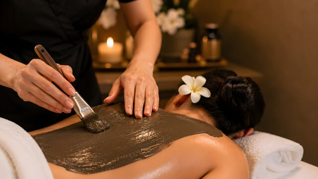 Spa Therapist Applying Warm Mud Back Mask Treatment, Premium Wellness and Body Care Photography