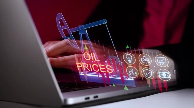 Market trends display oil prices on a laptop screen with data graphs showing current information about the oil industry and energy sector