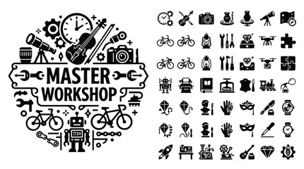 Master Workshop hobby icons set, black solid vector symbols for crafts and DIY, creative maker space equipment and tools collection © zee