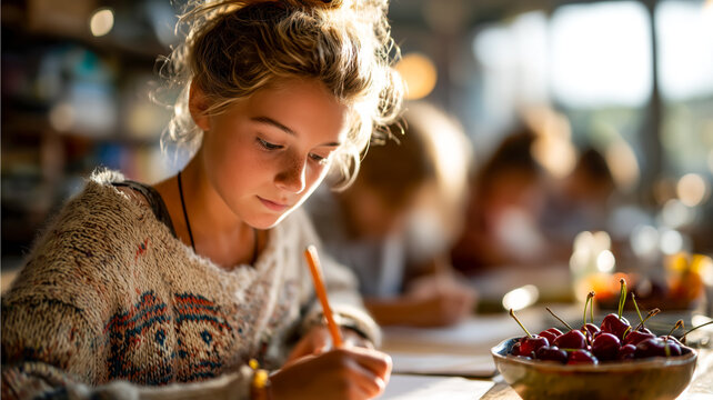 Sunlit young artist with curly hair, deep in thought