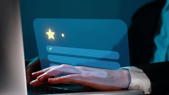 User submits a review online with a focus on ratings and feedback during the evening hours
