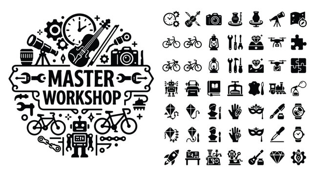 Master Workshop hobby icons set, black solid vector symbols for crafts and DIY, creative maker space equipment and tools collection