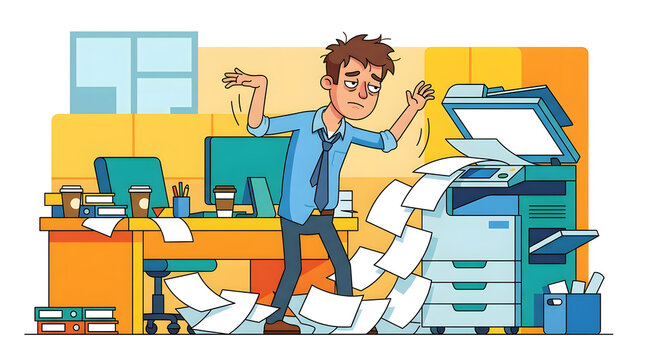 Work stress makes an employee overwhelmed by a broken office printer