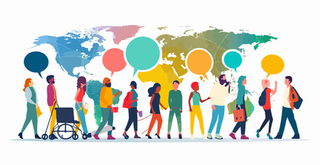 Fototapeta premium Diverse group of people communicate using speech bubbles against a world map background, symbolizing global communication and diversity.