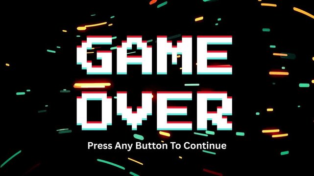 Pixelated 'GAME OVER' Screen with 'Press Any Button To Continue' text, conveying the end of a video game session and the start of a new one