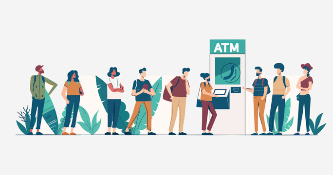 People stand in line at an ATM. Customers withdraw cash from an automatic teller machine. Using technology to pay for purchases. Queue, line, waiting, machine, customer, service, modern.