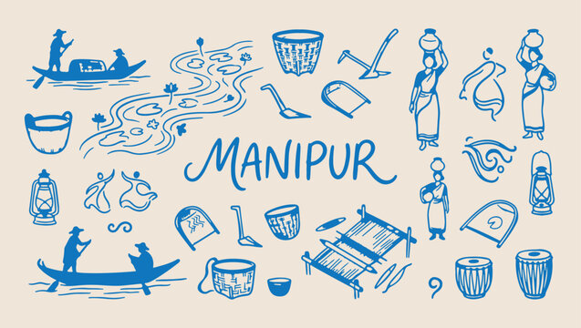 manipur travel culture heritage pattern, iconic northeast indian landmark background, traditional manipur landscape life illustration, northeast culture travel souvenir print, historic river landscape
