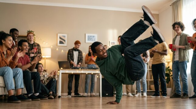 Man breakdancing at lively house party, energetic dance move, music celebration, urban youth culture and dynamic indoor entertainment scene, commercial stock photo, realistic detail, clean