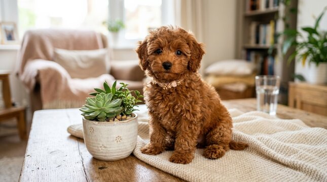 Adorable brown red toy poodle puppy sitting on table with planter, charming pet portrait for animal care branding, home editorials and playful lifestyle campaigns, cozy scene with polished emotional