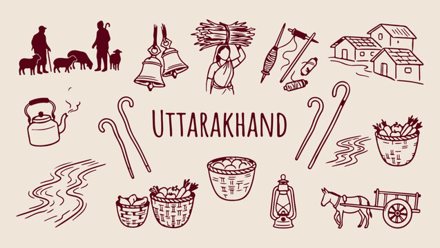 uttarakhand travel culture heritage pattern, iconic indian mountain landmark background, traditional uttarakhand village life illustration, himalayan culture travel souvenir print, historic mountain l
