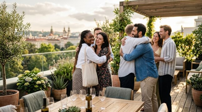 Multiethnic couple saying goodbye to friends after resting on terrace, warm farewell, social gathering and outdoor lifestyle, high resolution stock photo, realistic detail, natural daylight, clean