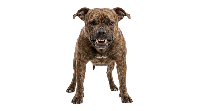 A brindle american staffordshire terrier dog bares its teeth and snarls on transparent background.