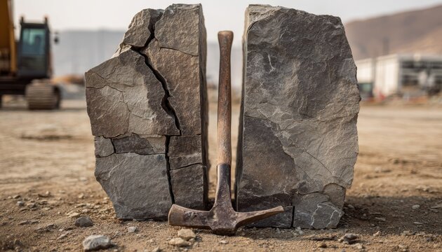Rock breaking tool resting beside cracked stones on a construction site during sunny day