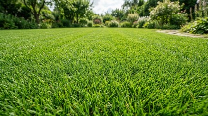 Obraz premium Green grass texture background with even lawn surface, fresh natural blades, outdoor copy space, summer garden backdrop for landscape design, ecology, sports and product mockups, clean framing,