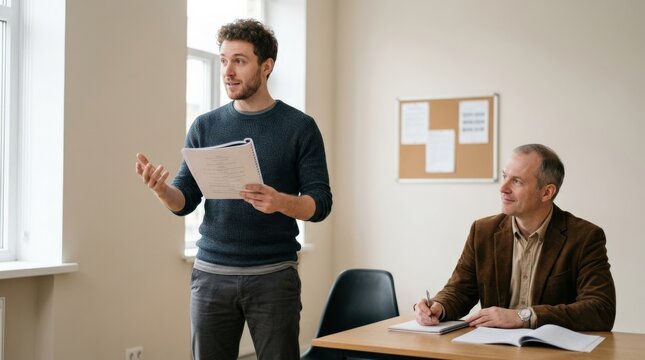 Male actor with film script and producer in audition room, casting rehearsal, performing arts, entertainment industry and creative collaboration, natural colors, clean composition, useful copy space,
