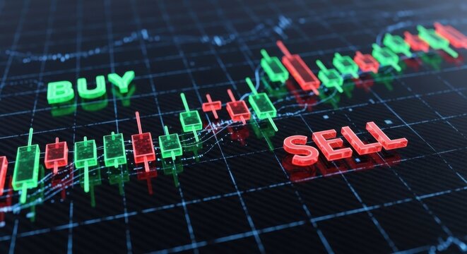 Stock market graph, buy sell signals, financial trading illustration, 3D chart