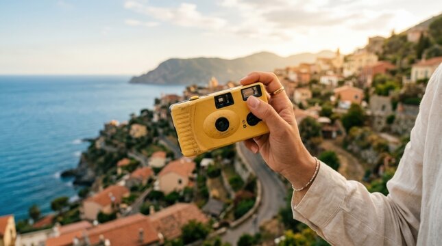 Hand holding a disposable camera, nostalgic photography concept for lifestyle branding, travel campaigns and editorial storytelling, tactile plastic detail, casual composition and polished