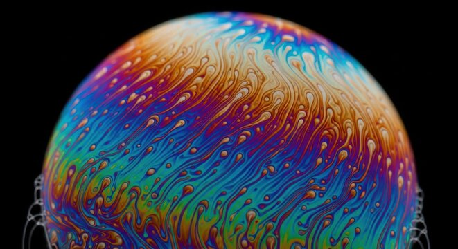 Close up of a colorful soap bubble sphere with iridescent patterns on a dark black background