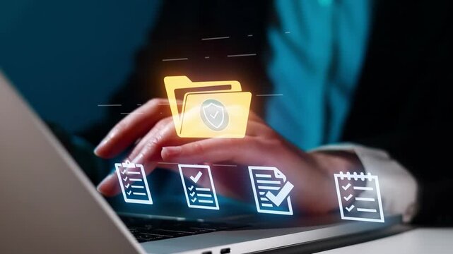 Secure file management on a laptop with digital icons showing tasks and checklists in a modern office setting at daytime