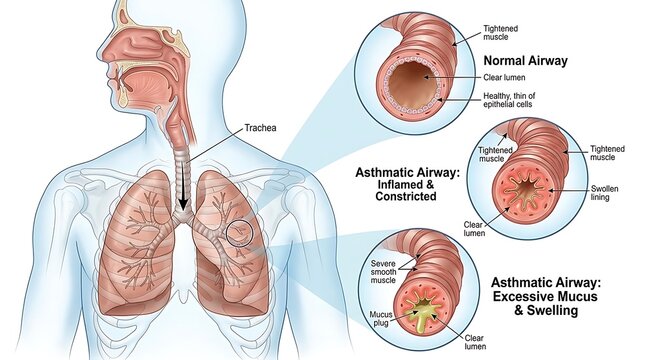 Diagram of human respiratory system and asthmatic airway cross