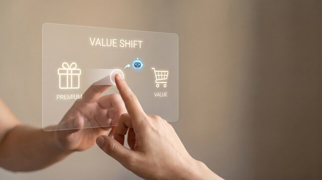 AI as Macro Variable - A hand makes a selection from premium to value on a glowing, minimal interface, guided by AI, symbolizing a shift in decision-making focus.
