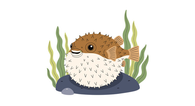 Cute pufferfish illustration swimming near seaweed and rocks in a cartoon underwater ocean scene on a white background.