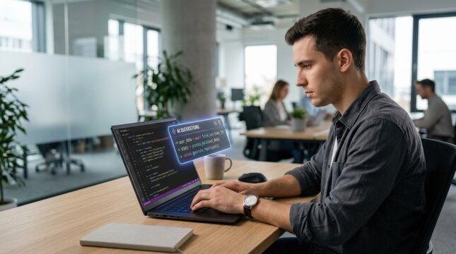 Developer using AI code suggestion tool on laptop, glowing futuristic interface, showcasing artificial intelligence assistance in software development, automation for efficient, neutral unbranded