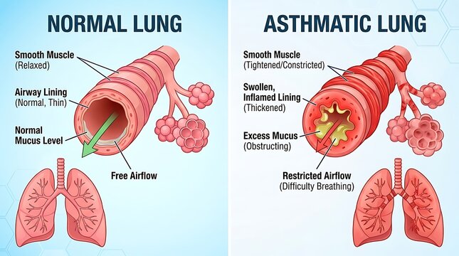 Educational comparison chart of normal lung and asthmatic airway